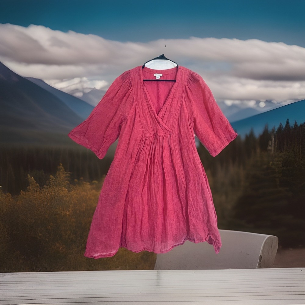 Sundance Dress Womens PL Pink Linen V Neck 3/4 Sleeve A-Line Empire Waist Lined